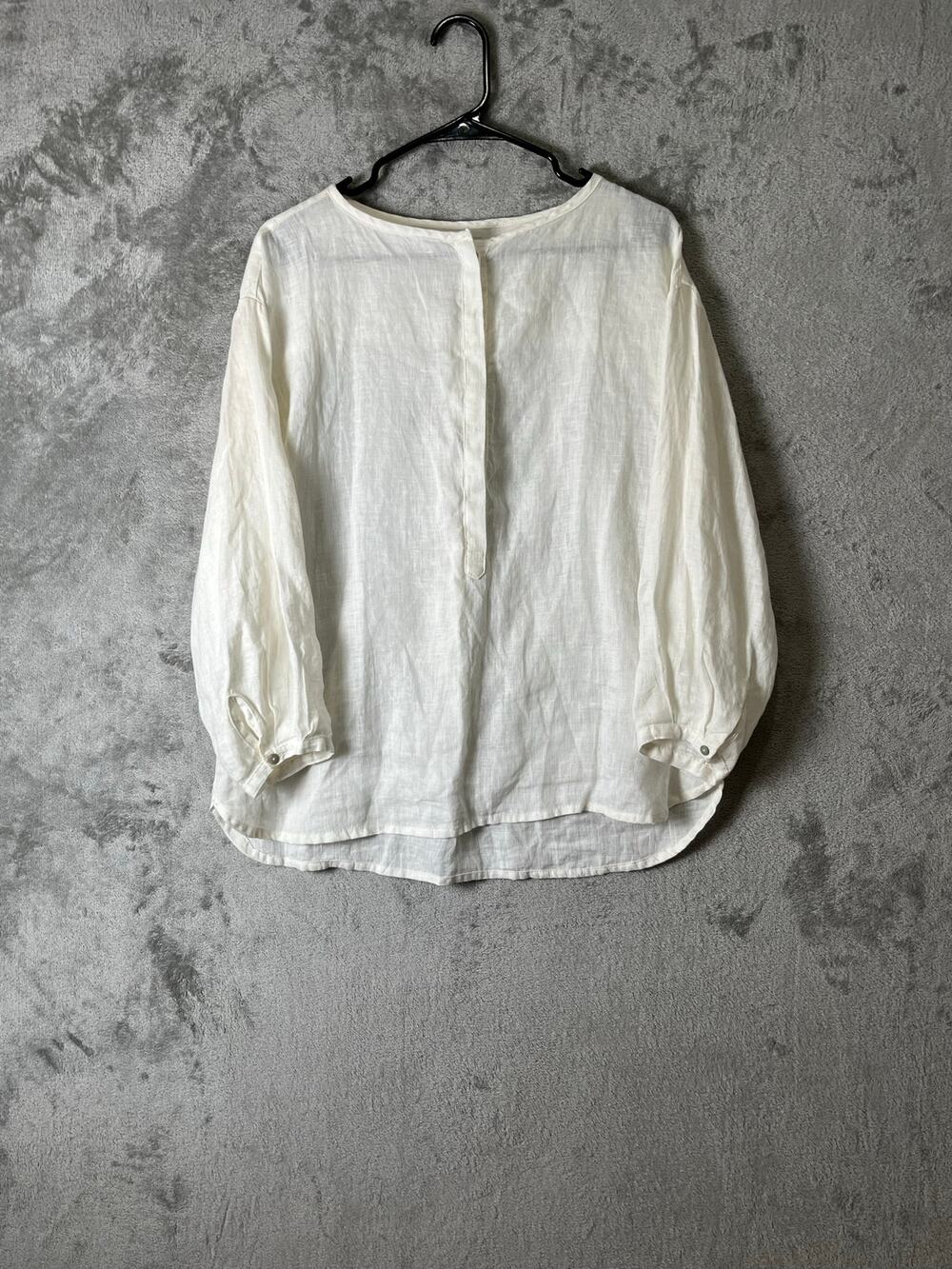 Fog Linen Work Linen Pullover Blouse White Long Sleeve Relaxed Minimalist Large